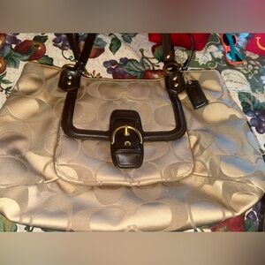 Coach Tan and Brown Shoulder Bag with Signature Pattern